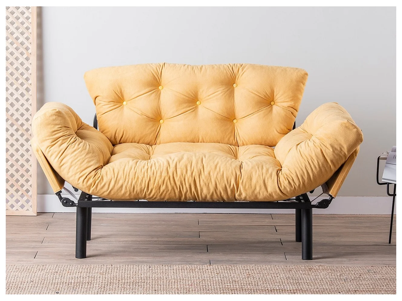 2-zitsbank om te bouwen tot geel stoffen bed Pliaz 155 cm