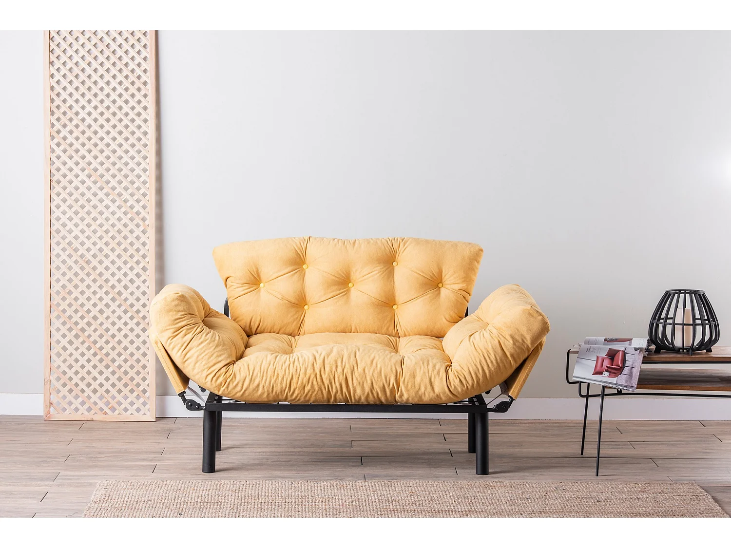 2-zitsbank om te bouwen tot geel stoffen bed Pliaz 155 cm