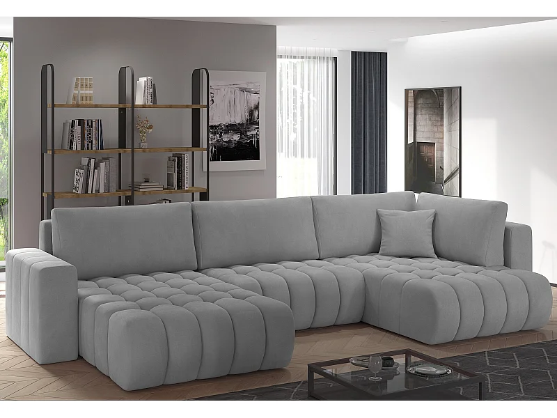 Canapé panoramique convertible design capitonné tissu gris clair méridienne gauche Boston 350cm