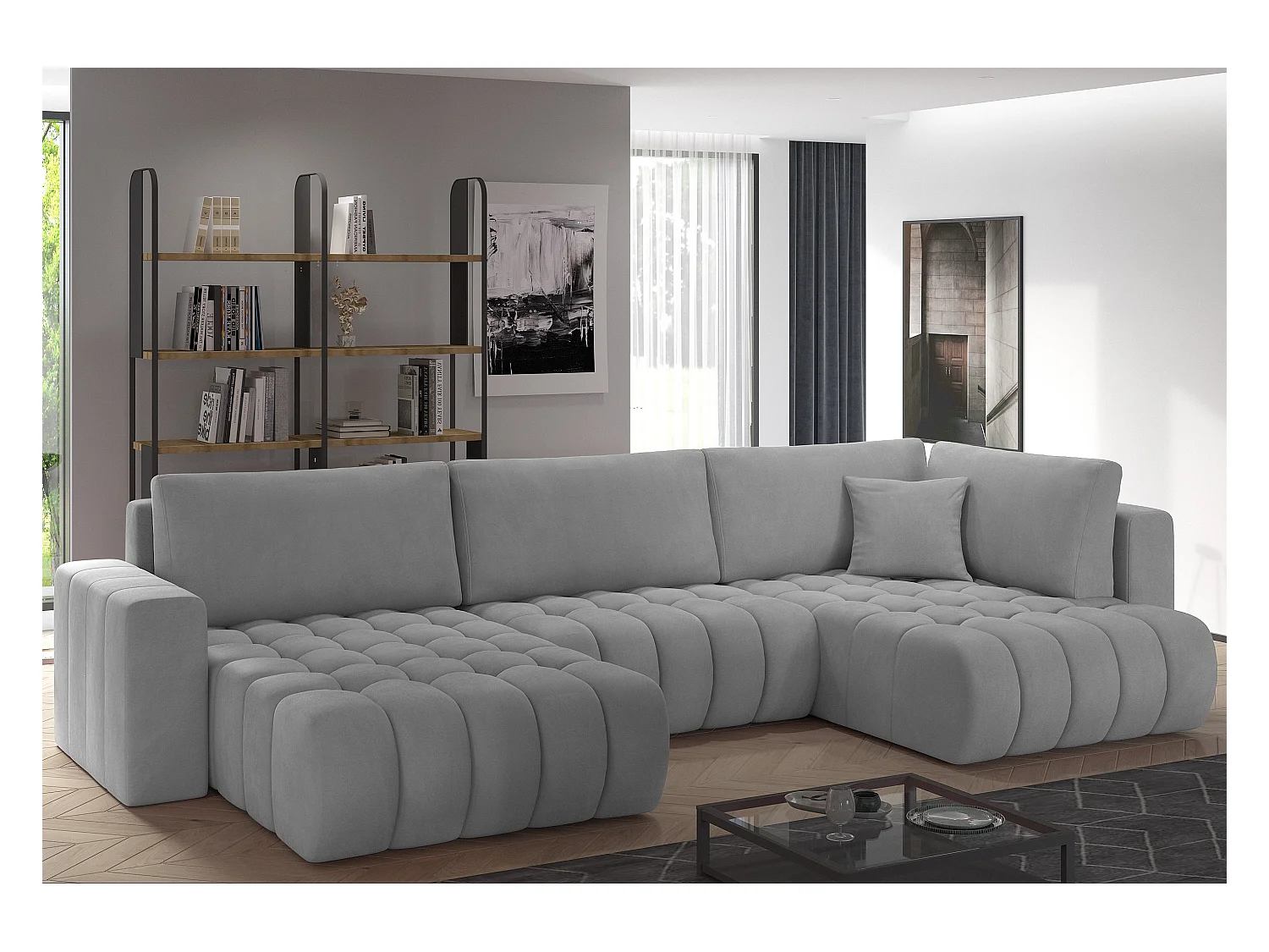 Panoramische converteerbare designbank gecapitonneerd in lichtgrijze stof links chaise longue Boston 350 cm