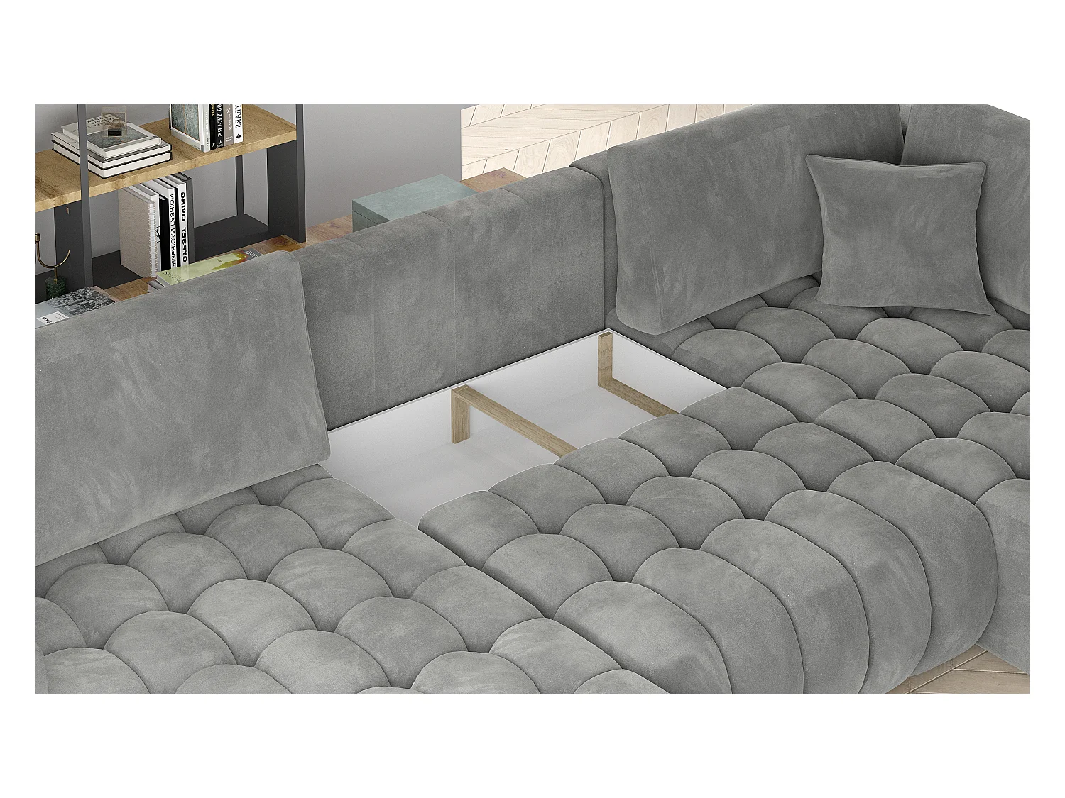 Panoramische converteerbare designbank gecapitonneerd in lichtgrijze stof links chaise longue Boston 350 cm