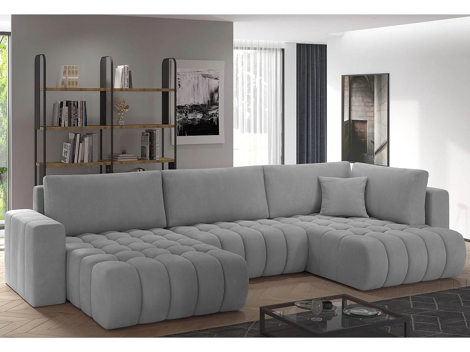 Canapé panoramique convertible design capitonné tissu gris clair méridienne gauche Boston 350cm