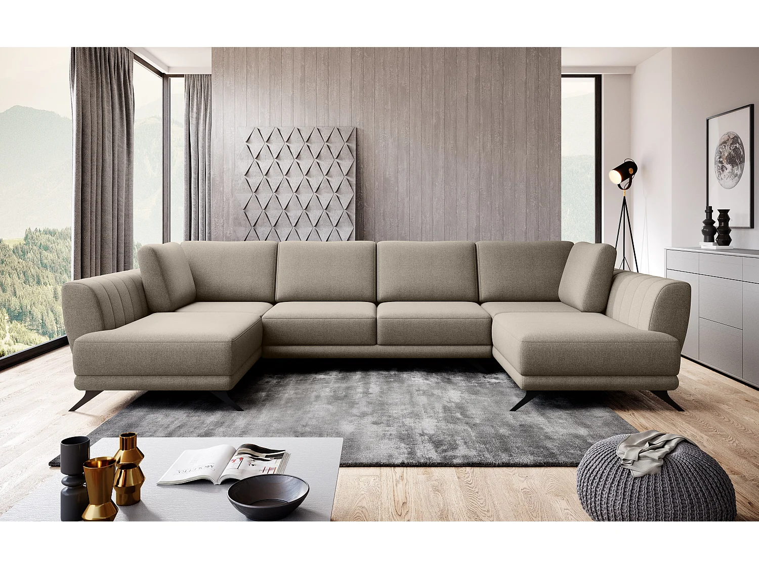 Canapé d'angle panoramique 6 places tissu beige Largos 362cm