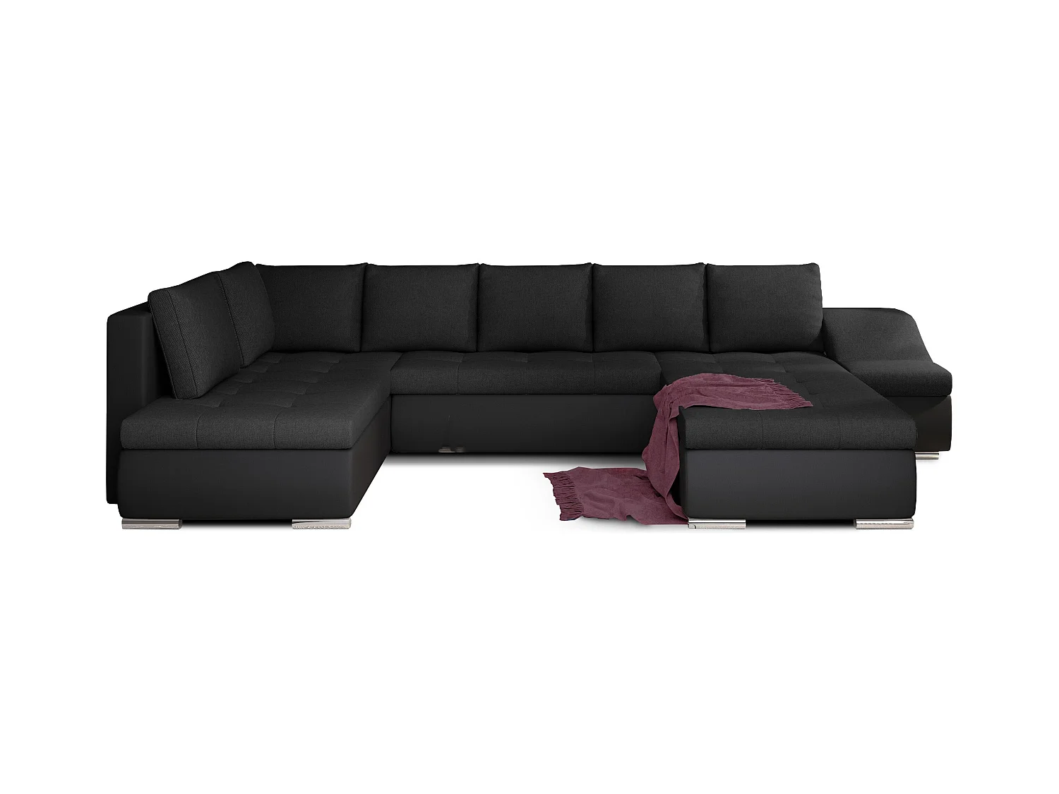 Canapé panoramique convertible tissu noir et simili cuir noir Jonaz 340cm-Méridienne A droite