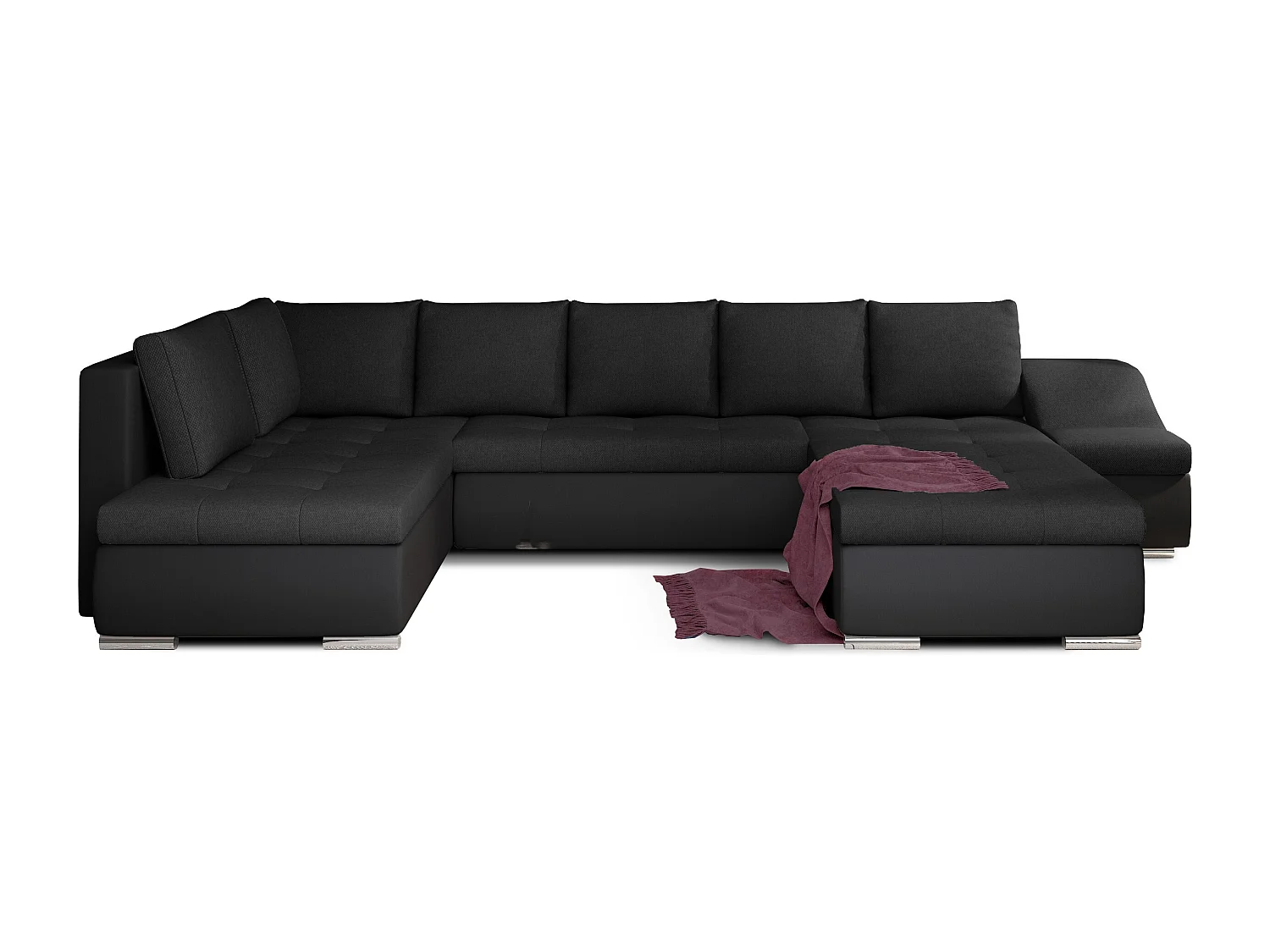 Canapé panoramique convertible tissu noir et simili cuir noir Jonaz 340cm-Méridienne A droite