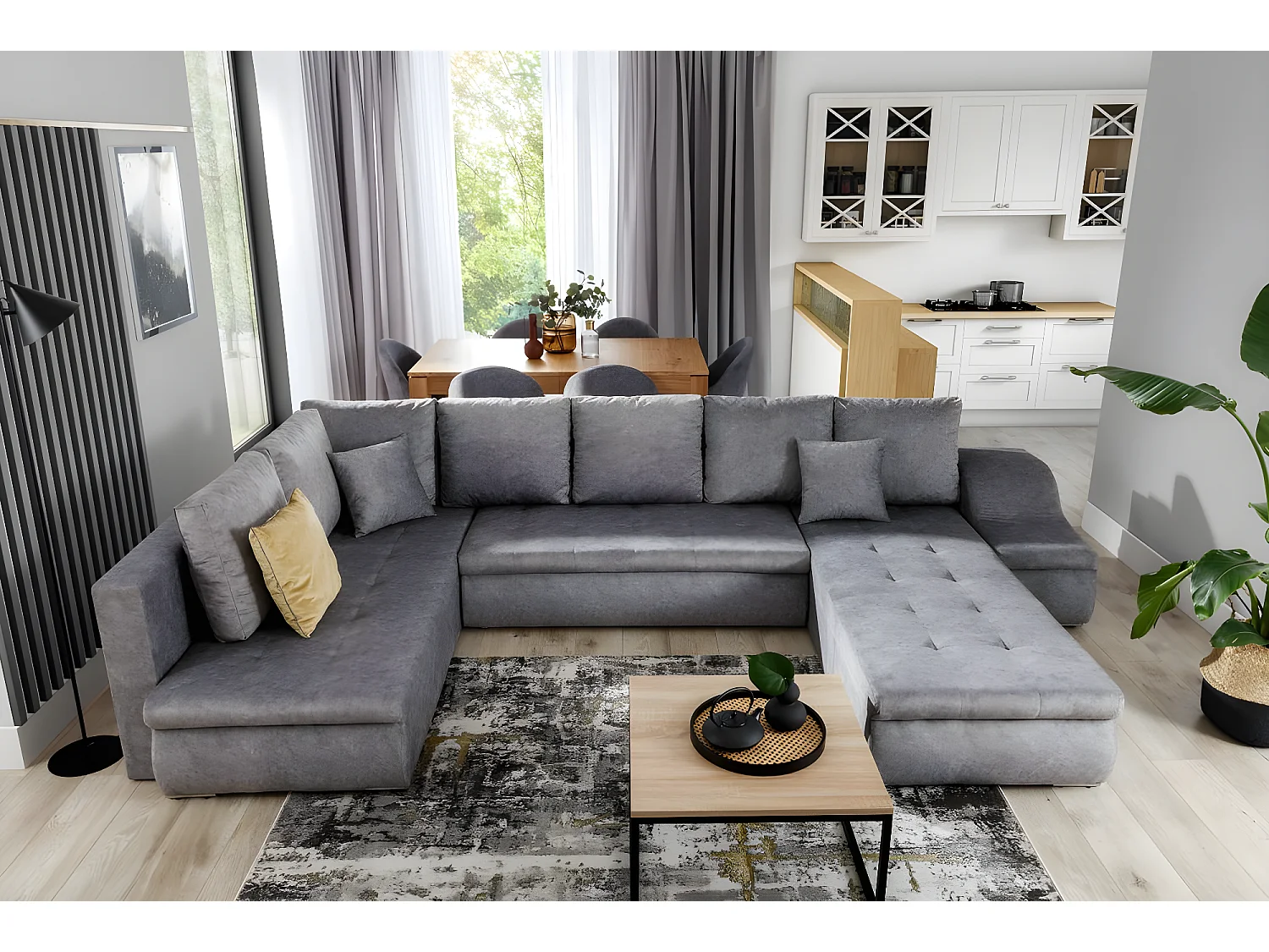 Canapé panoramique convertible tissu noir et simili cuir noir Jonaz 340cm-Méridienne A droite