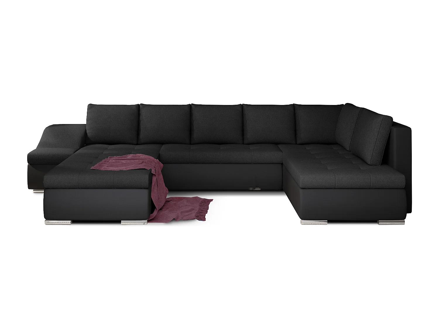 Canapé panoramique convertible tissu noir et simili cuir noir Jonaz 340cm-Méridienne A droite