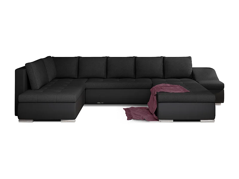 Canapé panoramique convertible tissu noir et simili cuir noir Jonaz 340cm-Méridienne A droite