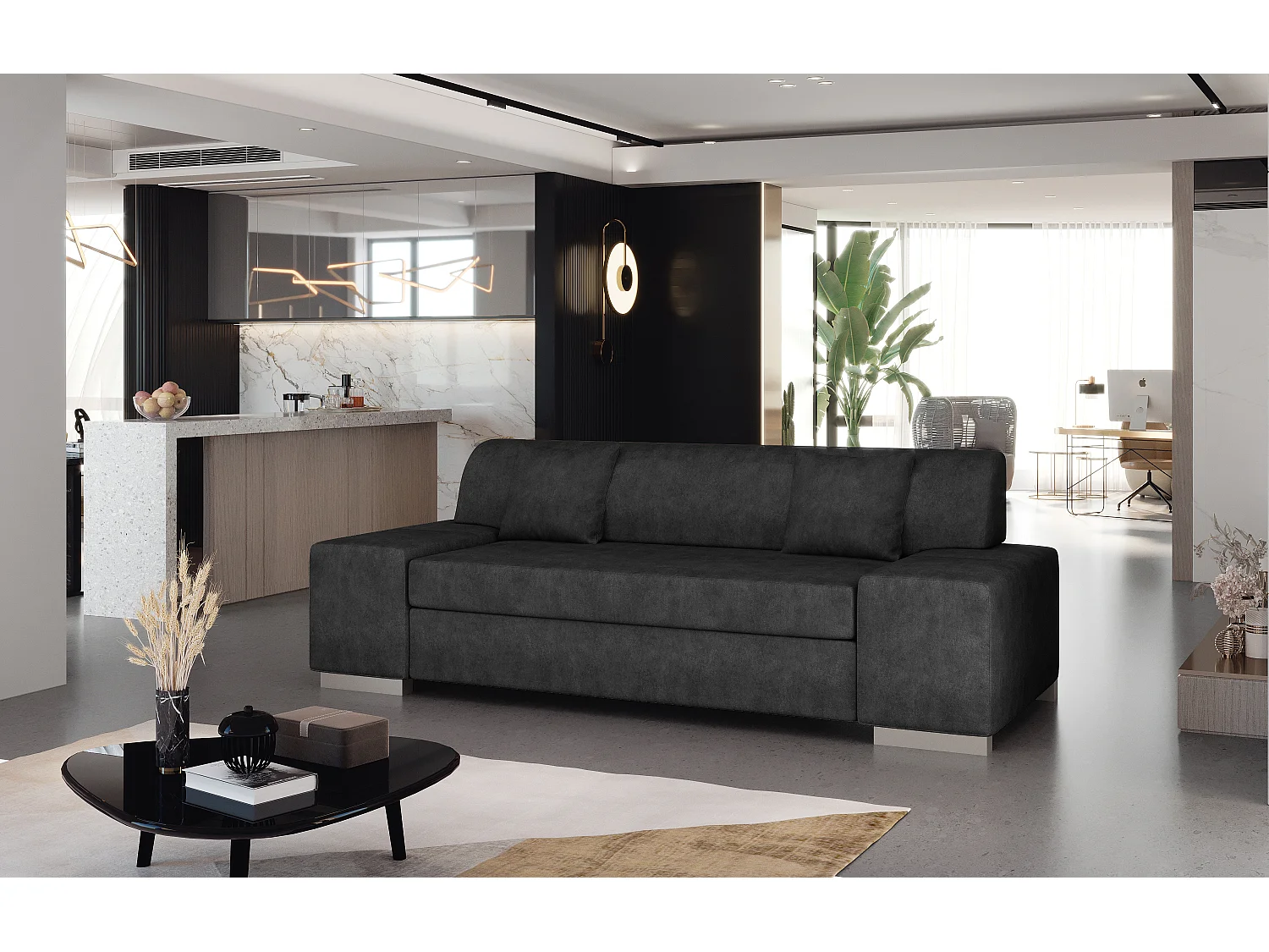 Canapé minimaliste 3-4 places tissu anthracite Plazo 210cm