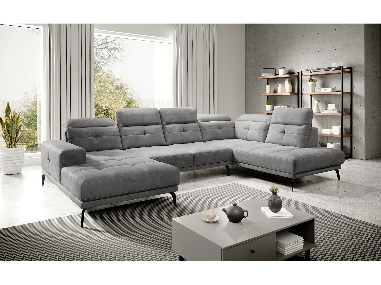 Canapé panoramique moderne tissu gris têtières angle droit Versus 350cm