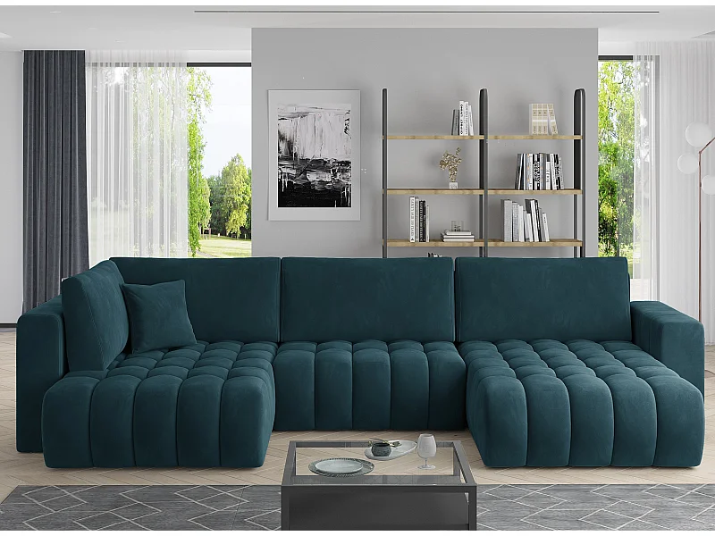 Canapé panoramique convertible design capitonné velours bleu canard méridienne droite Boston 350cm