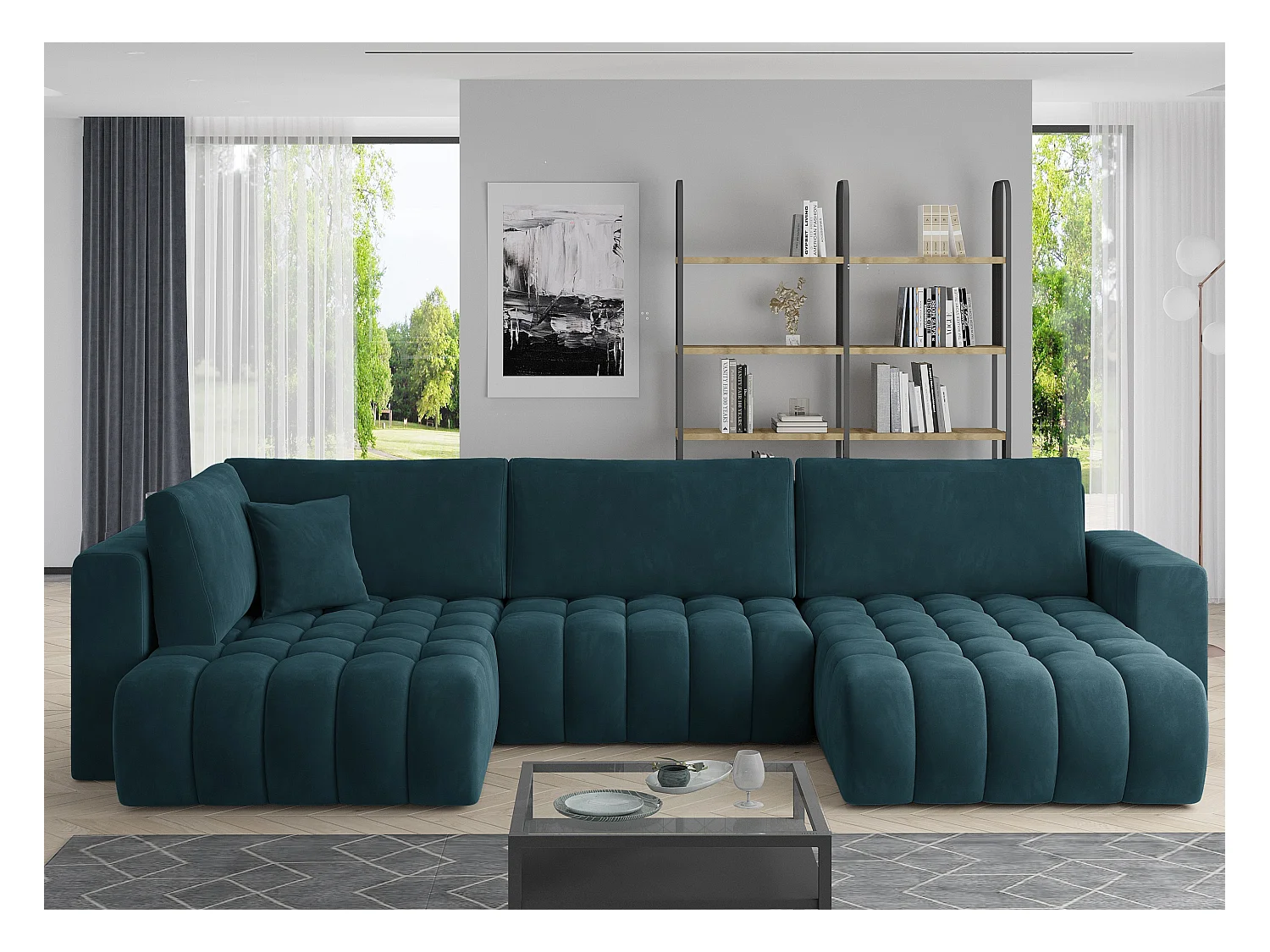 Panoramische converteerbare designbank gewatteerd eend blauw fluweel rechts chaise longue Boston 350 cm