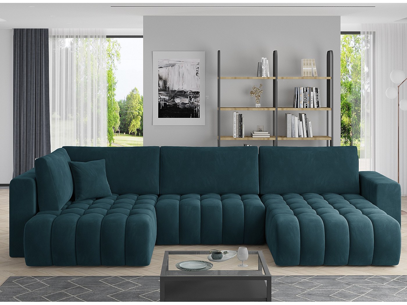 Canapé panoramique convertible design capitonné velours bleu canard ...