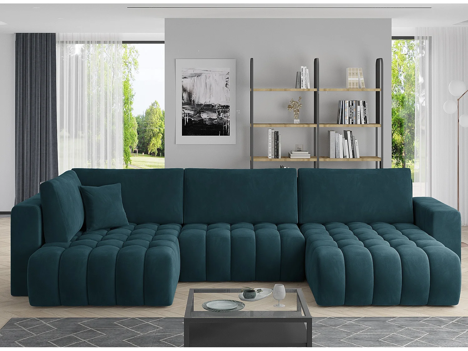 Canapé panoramique convertible design capitonné velours bleu canard méridienne droite Boston 350cm