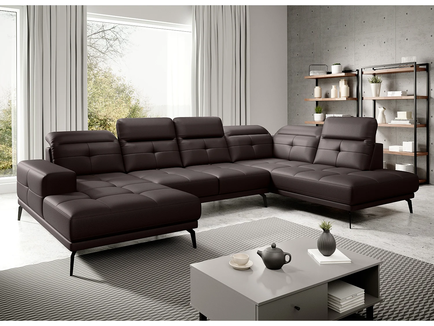 Canapé panoramique moderne simili cuir marron angle droit Versus 350cm