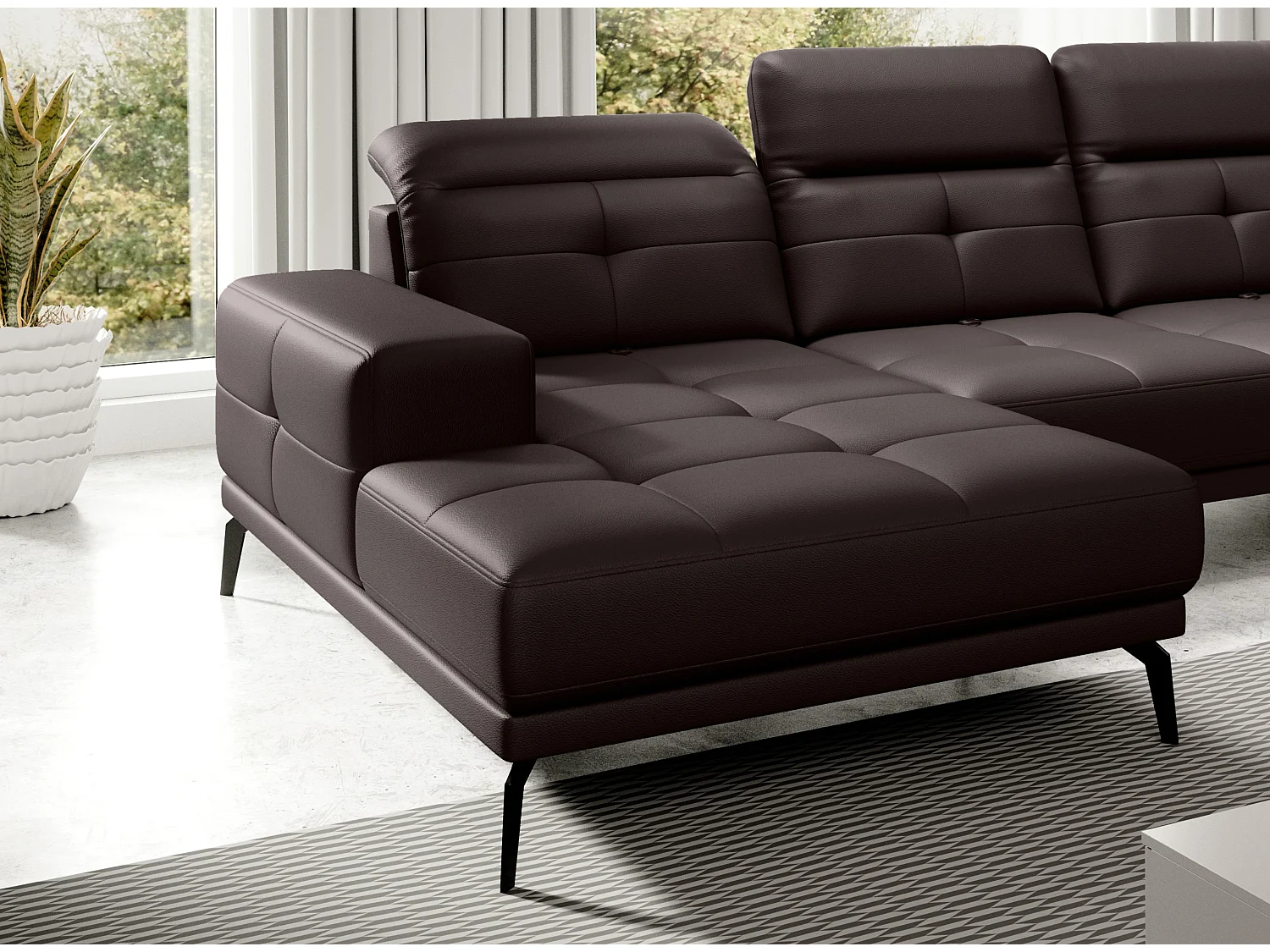 Canapé panoramique moderne simili cuir marron angle droit Versus 350cm