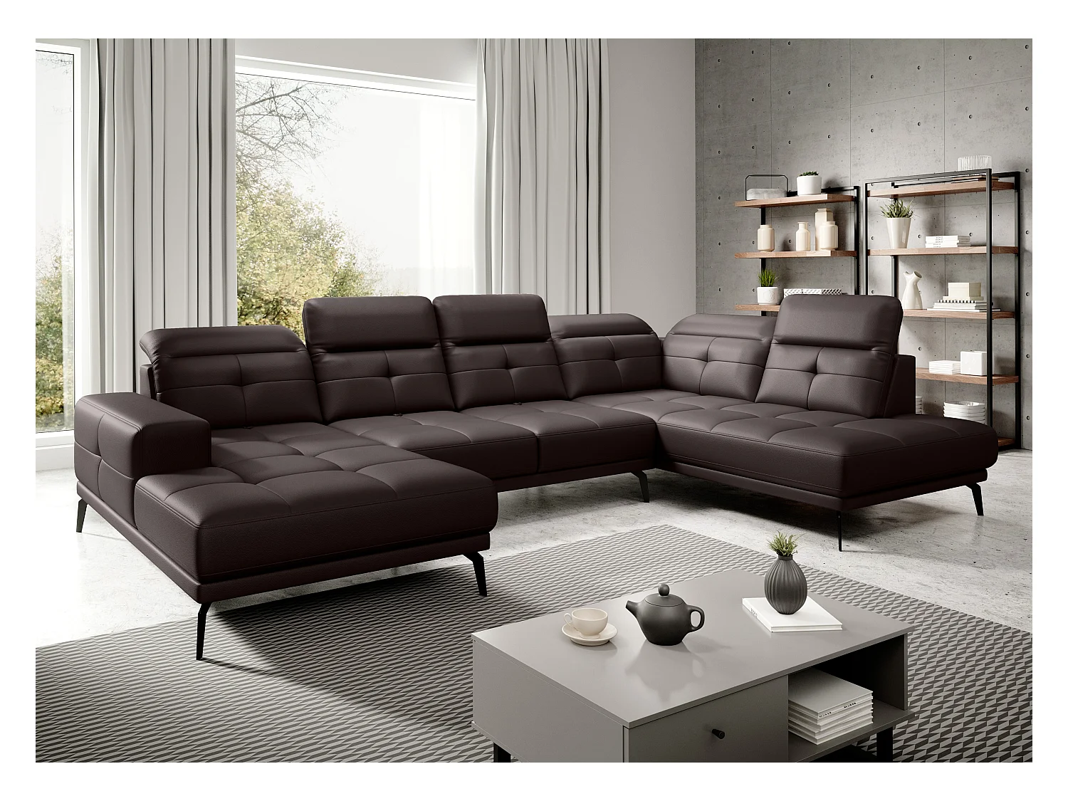 Canapé panoramique moderne simili cuir marron angle droit Versus 350cm