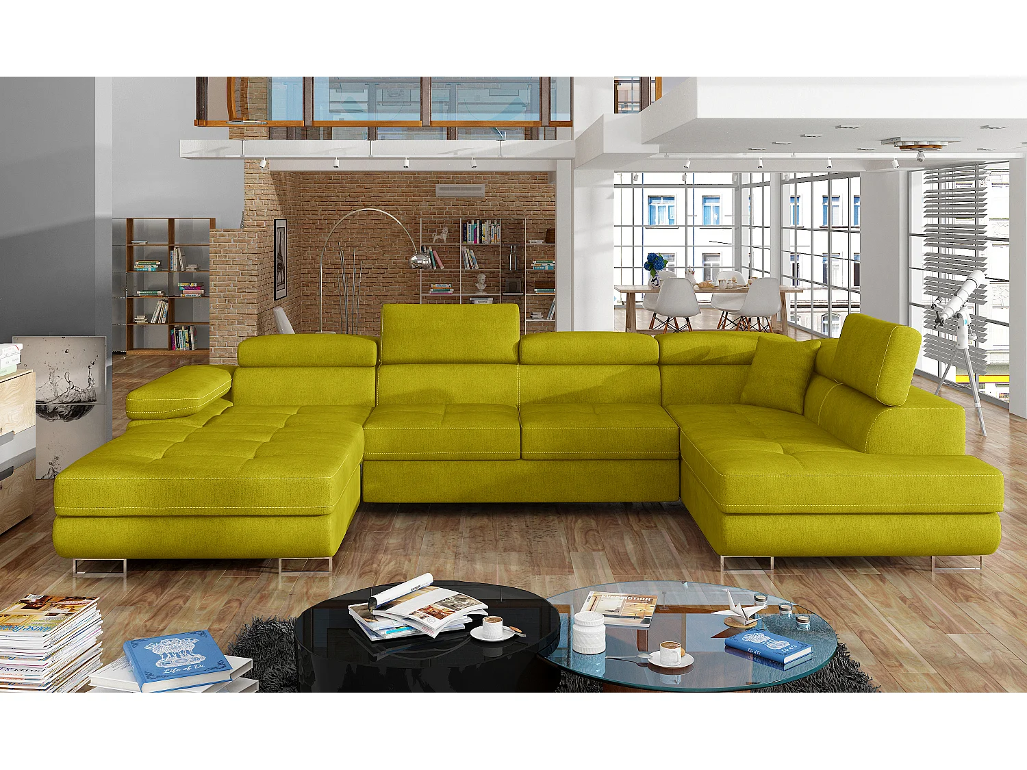 Canapé panoramique tissu vert moutarde convertible avec coffre de rangement Romano 345cm-Coffre de rangement à droite