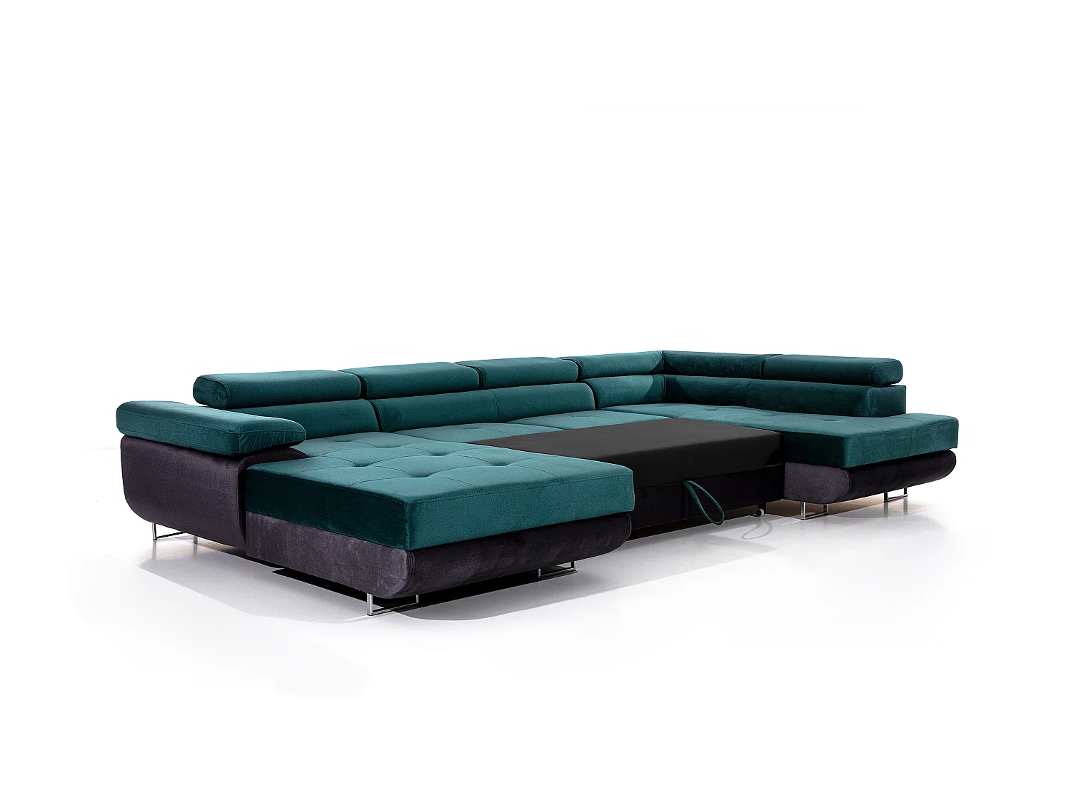 Canapé panoramique tissu vert moutarde convertible avec coffre de rangement Romano 345cm-Coffre de rangement à droite