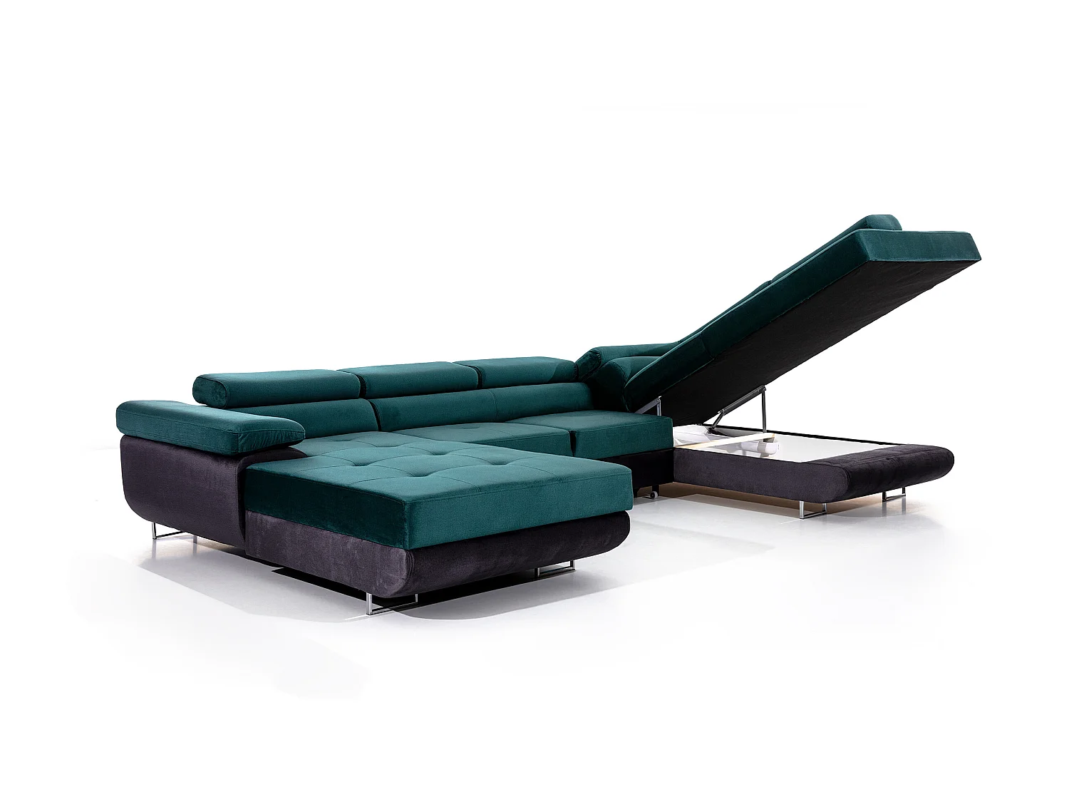 Canapé panoramique tissu vert moutarde convertible avec coffre de rangement Romano 345cm-Coffre de rangement à droite