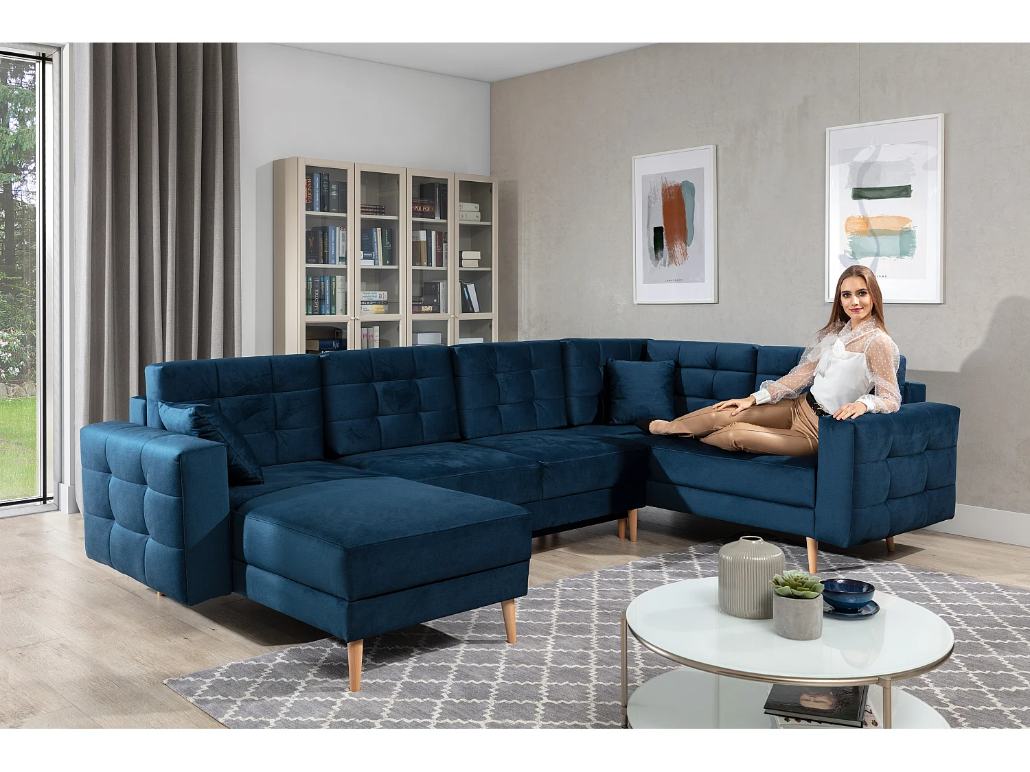 Anska grijs kunstleer gevoerde panoramische slaapbank 320 cm