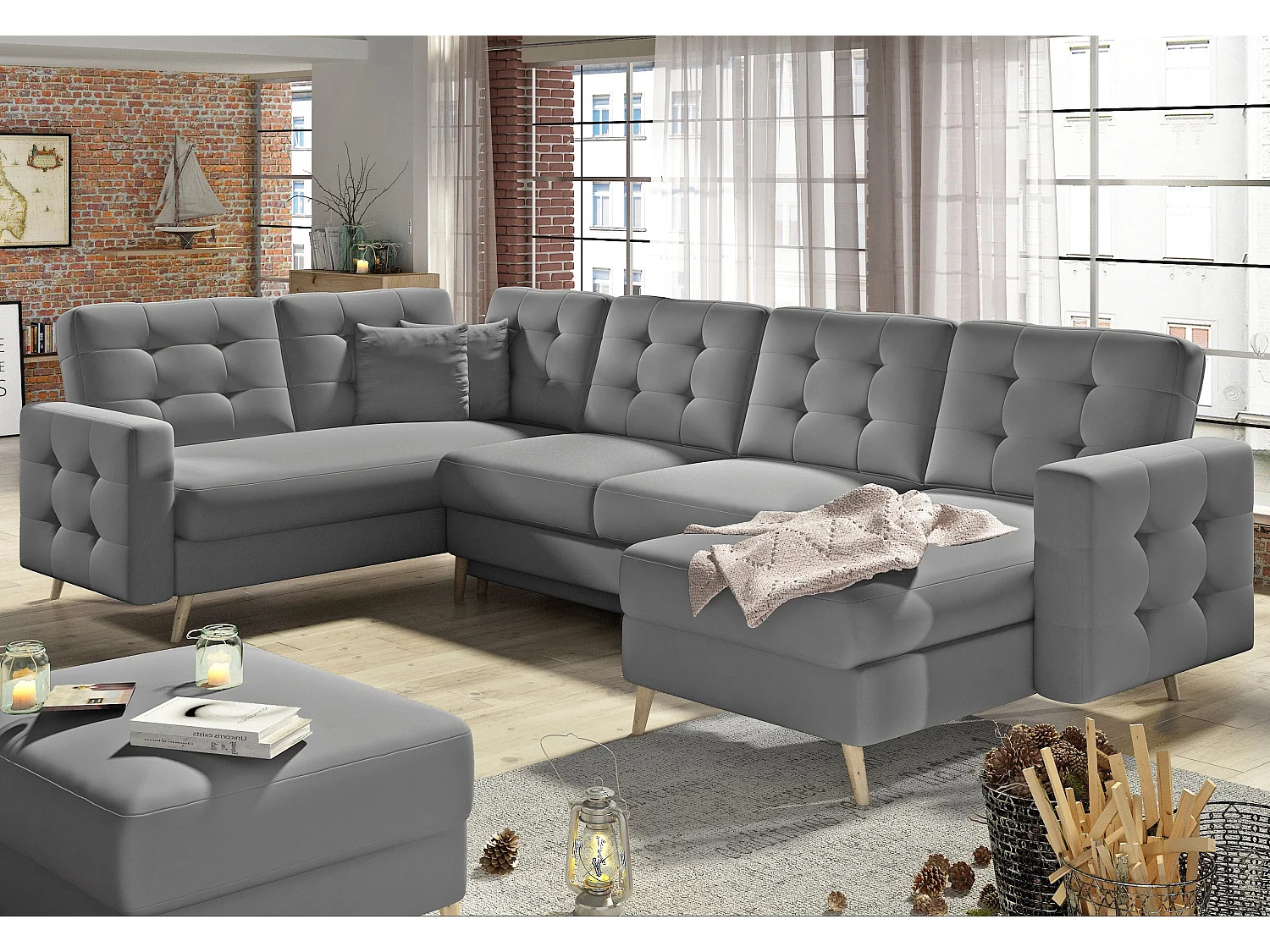 Canapé panoramique convertible capitonné simili cuir gris Anska 320cm