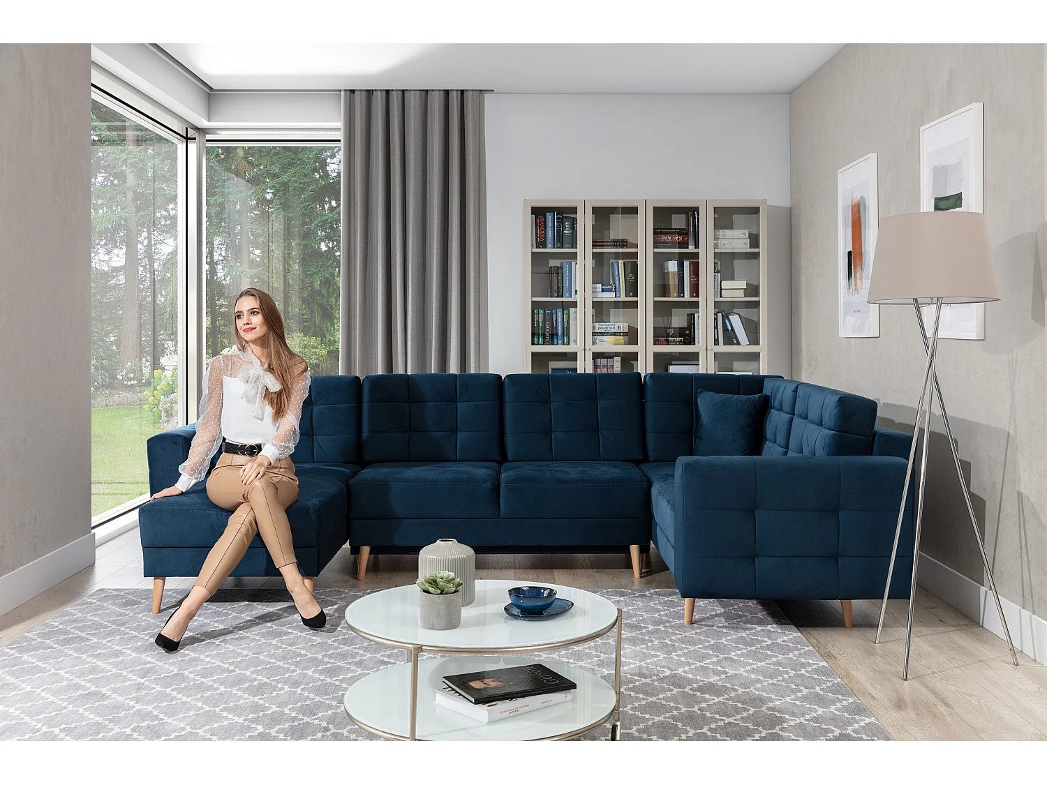 Canapé panoramique convertible capitonné simili cuir gris Anska 320cm