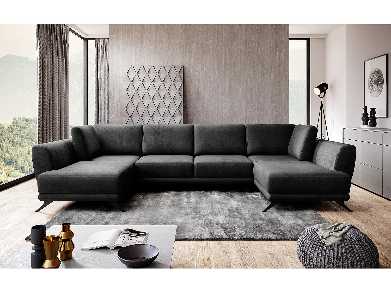 Canapé d'angle panoramique 6 places tissu doux noir Largos 362cm