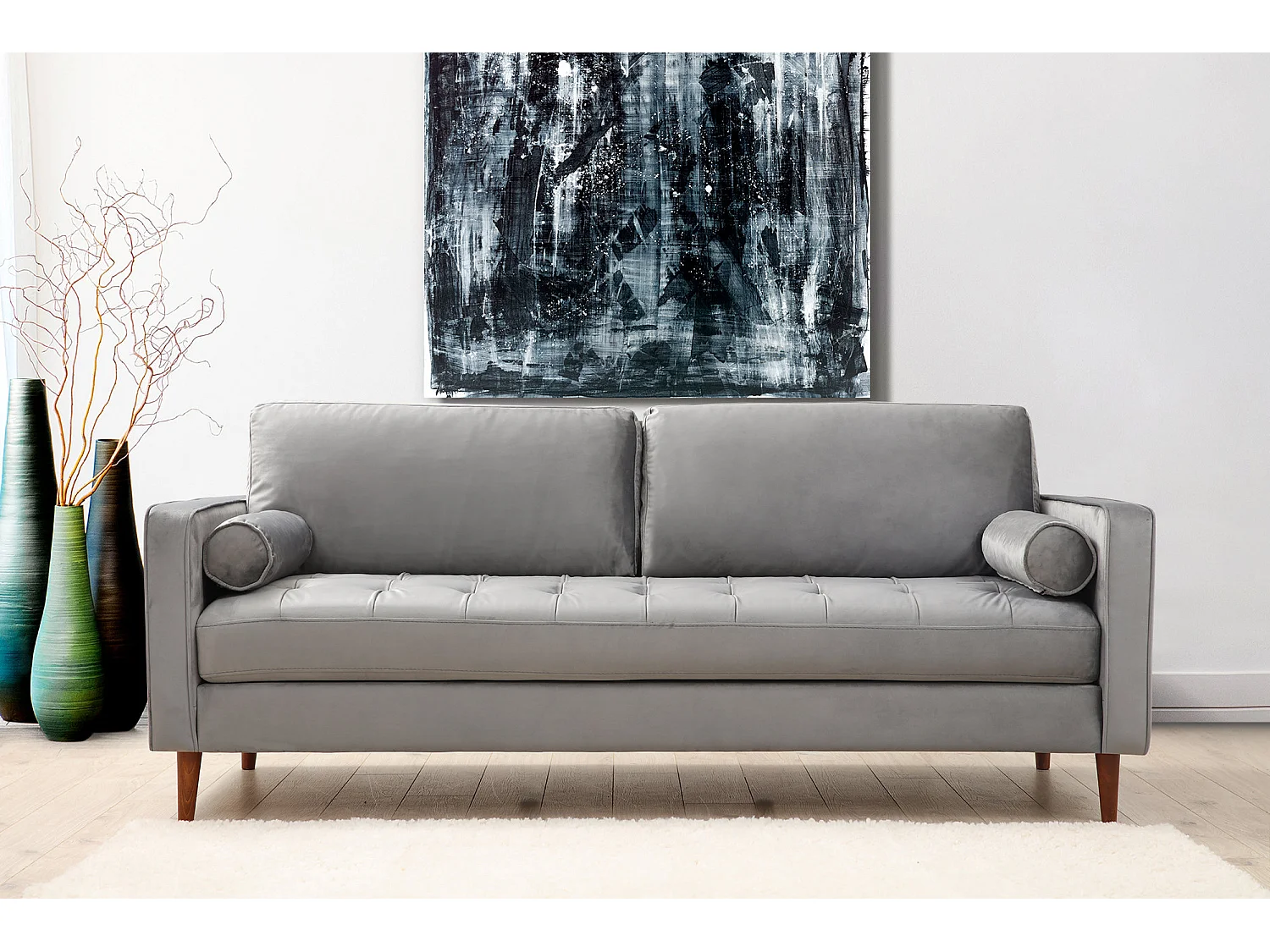 Canapé 3 places velours gris clair Romuza 215cm