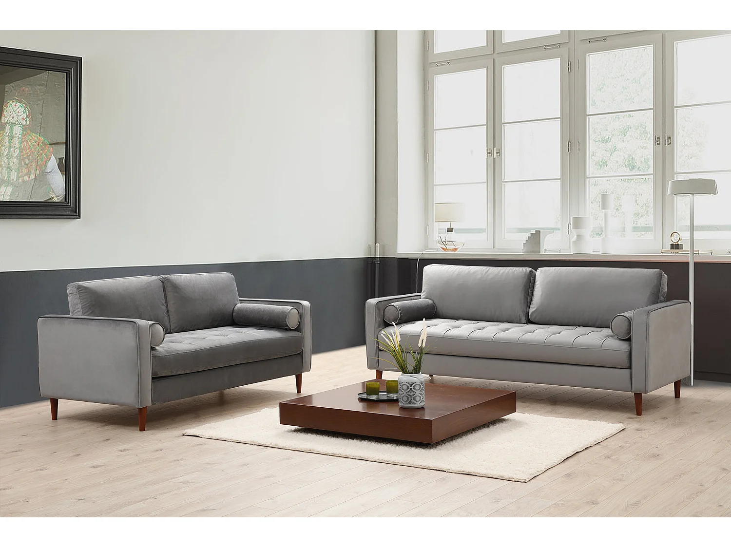 Canapé 3 places velours gris clair Romuza 215cm