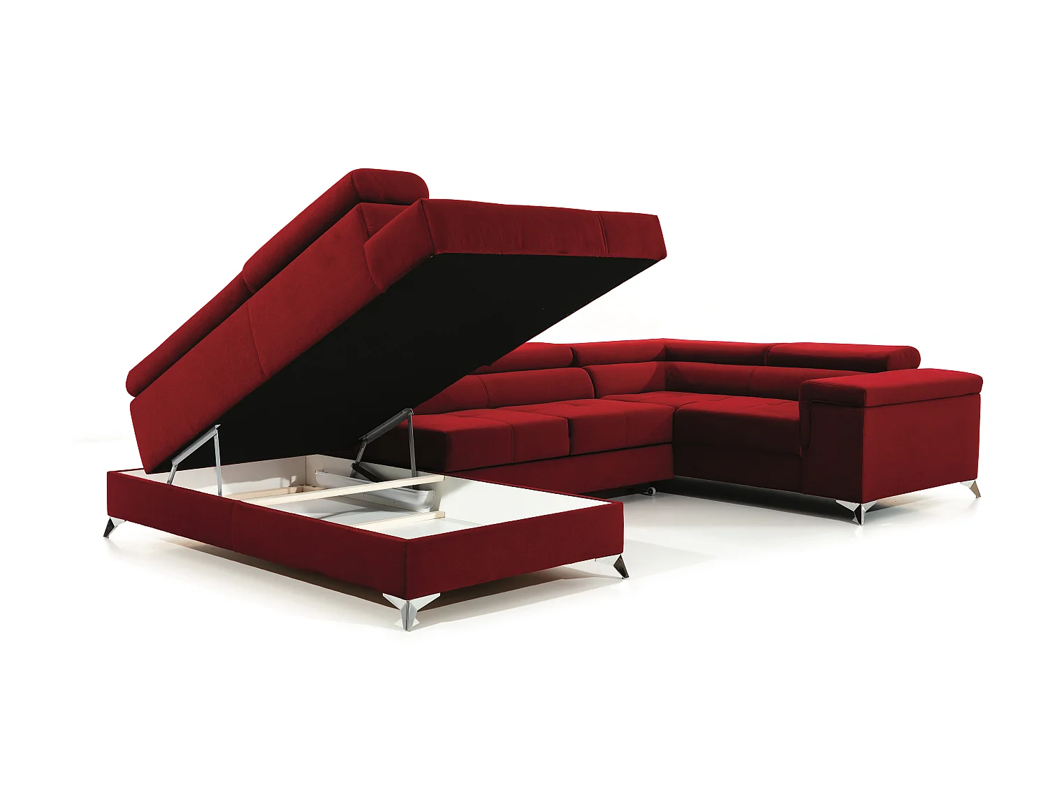 Canapé panoramique convertible velours marron clair avec coffre de rangement Triano 342cm-Coffre de rangement à gauche