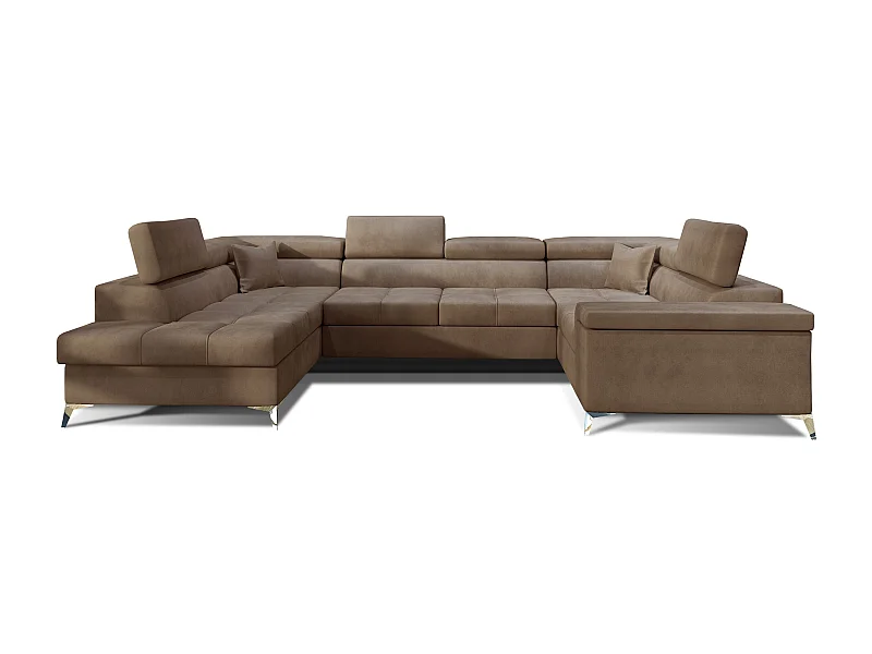 Canapé panoramique convertible velours marron clair avec coffre de rangement Triano 342cm-Coffre de rangement à gauche