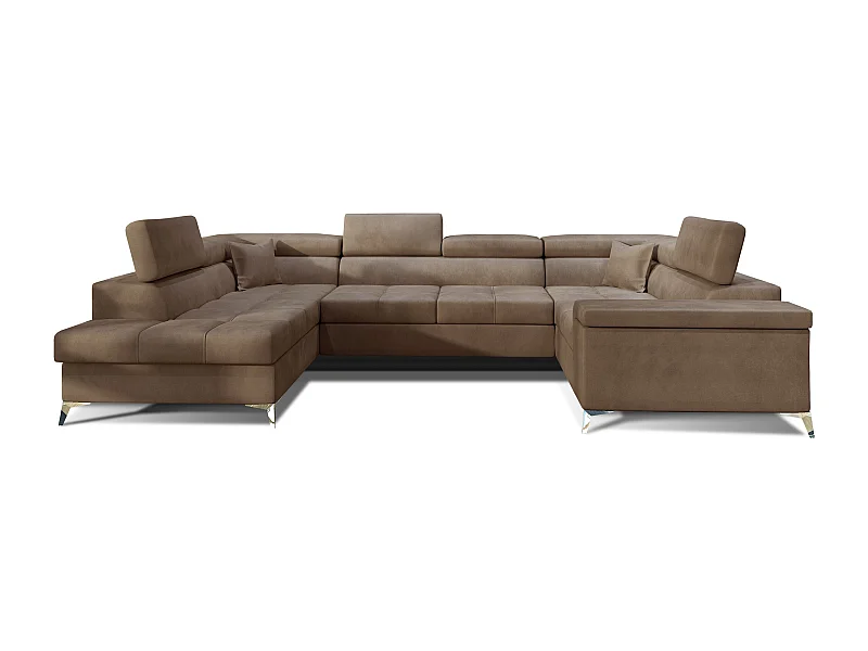 Canapé panoramique convertible TRIANO velours - têtières réglables-Marron clair-Coffre à gauche