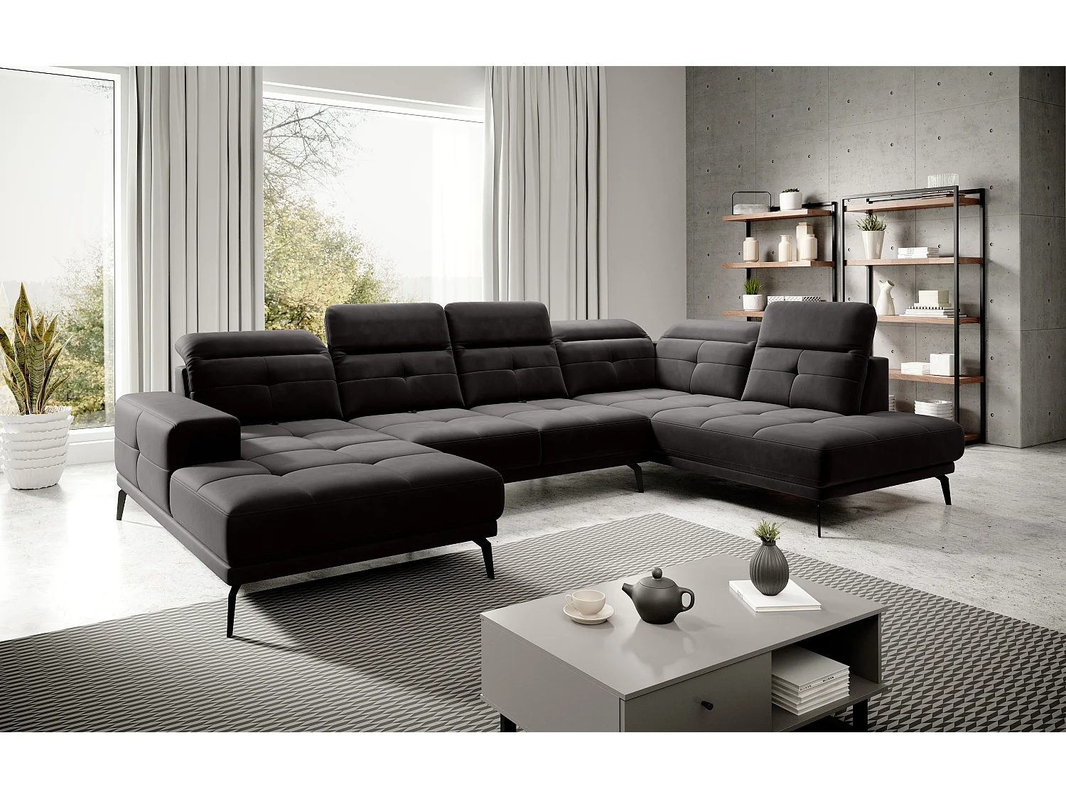 Moderne panoramische bank zwarte stof haakse hoofdsteunen Versus 350 cm