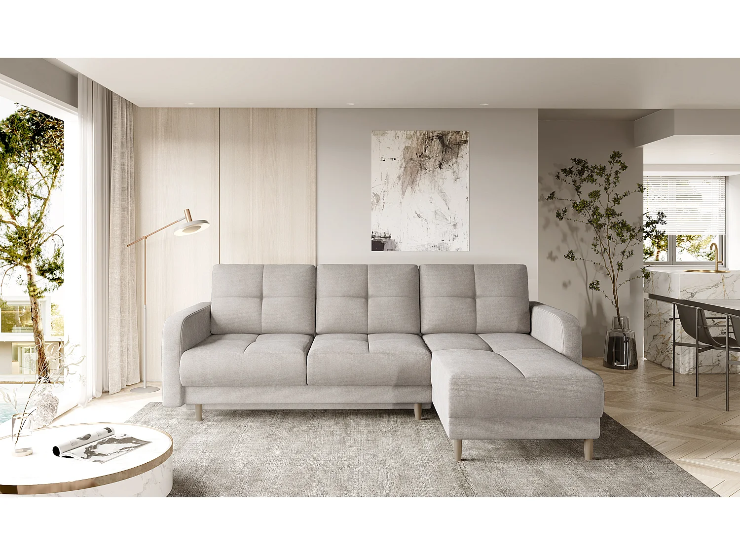 Canapé angle réversible Scandinave velours beige clair et pieds bois clair Kindo 240cm