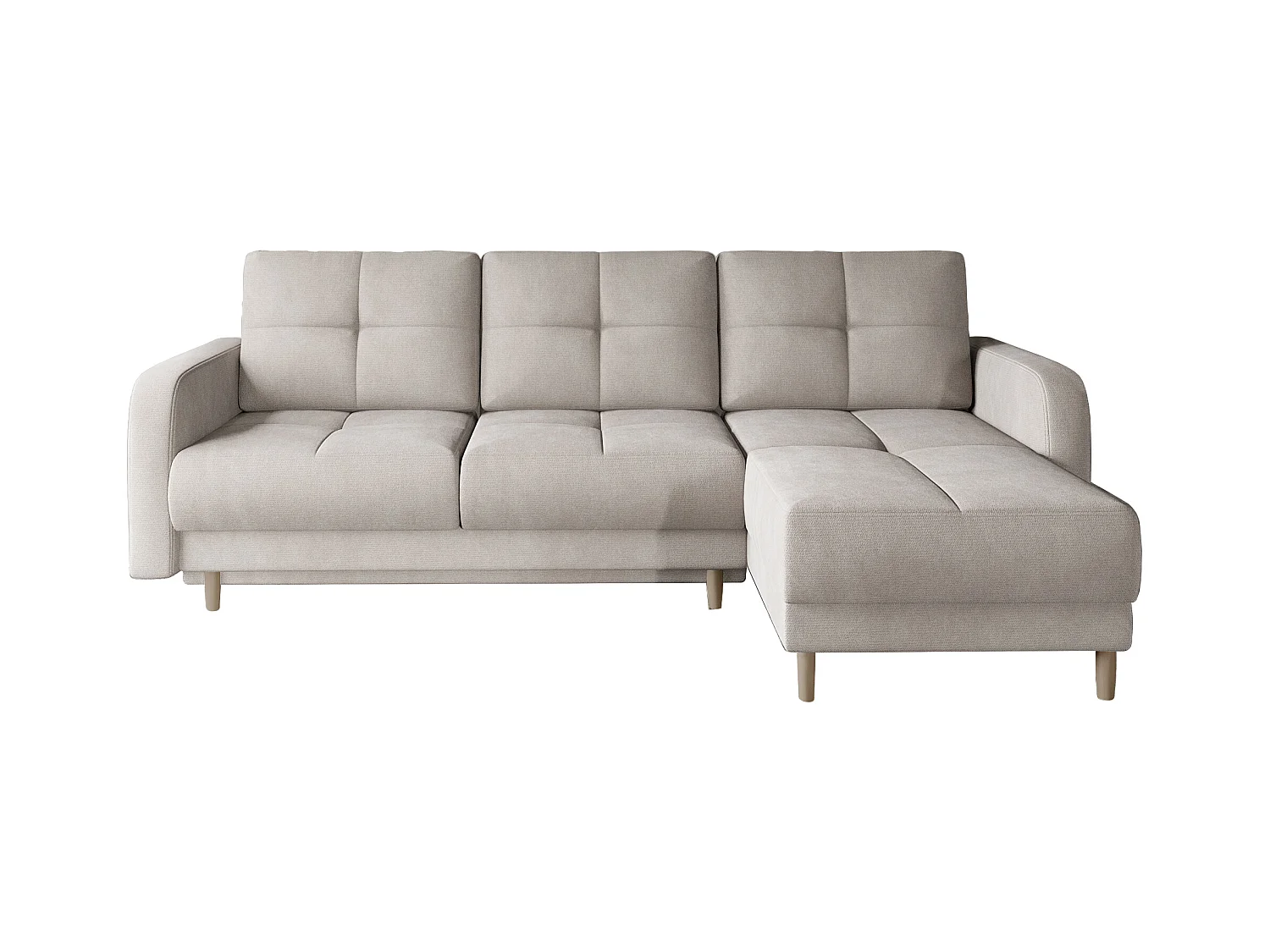 Scandinavische omkeerbare hoekbank lichtbeige fluweel en lichte houten poten Kindo 240 cm