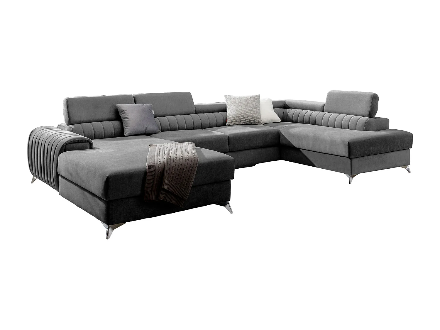 Canapé d'angle U tissu gris foncé coffre de rangement à droite Kalante 347cm