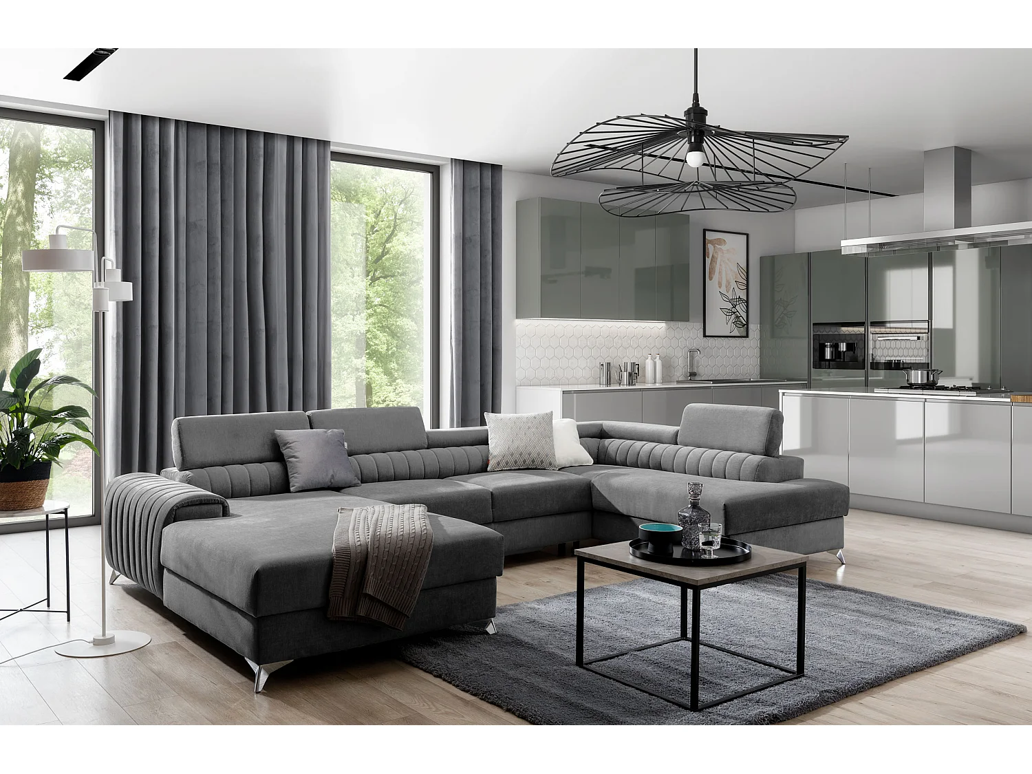 Canapé d'angle U tissu gris foncé coffre de rangement à droite Kalante 347cm