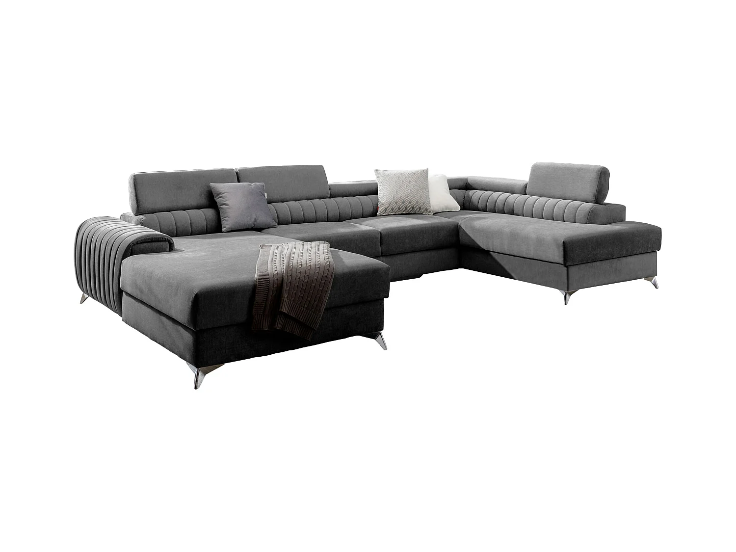 Canapé d'angle U tissu gris foncé coffre de rangement à droite Kalante 347cm