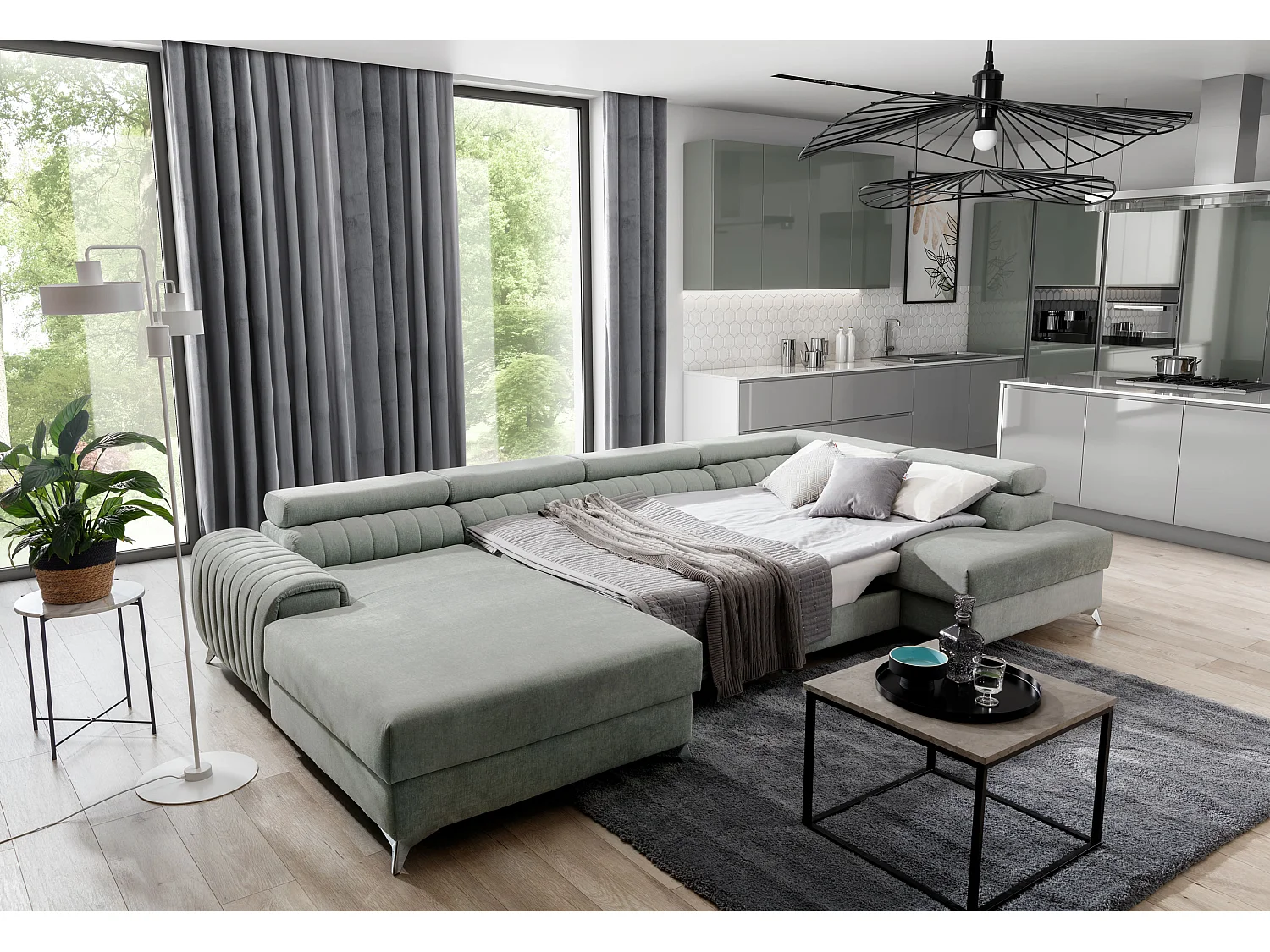 Canapé d'angle U tissu gris foncé coffre de rangement à droite Kalante 347cm