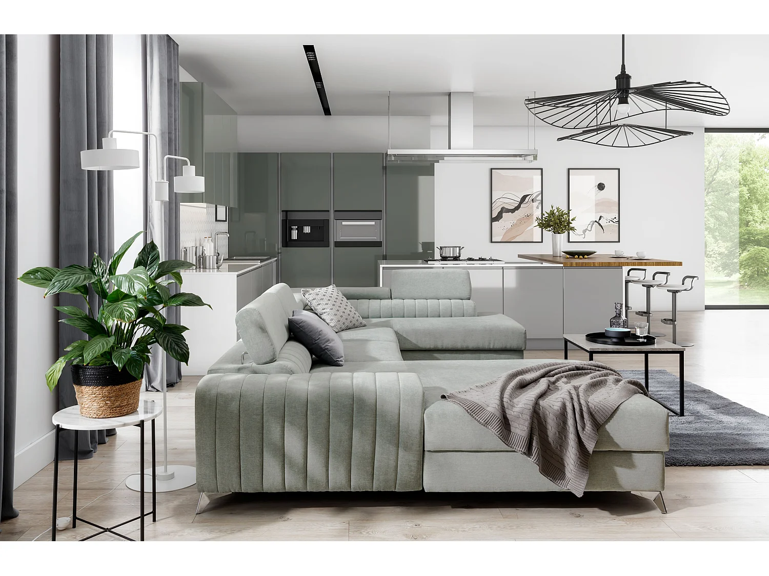 Canapé d'angle U tissu gris foncé coffre de rangement à droite Kalante 347cm