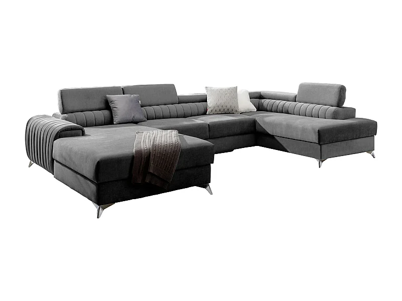 Canapé d'angle U tissu gris foncé coffre de rangement à droite Kalante 347cm