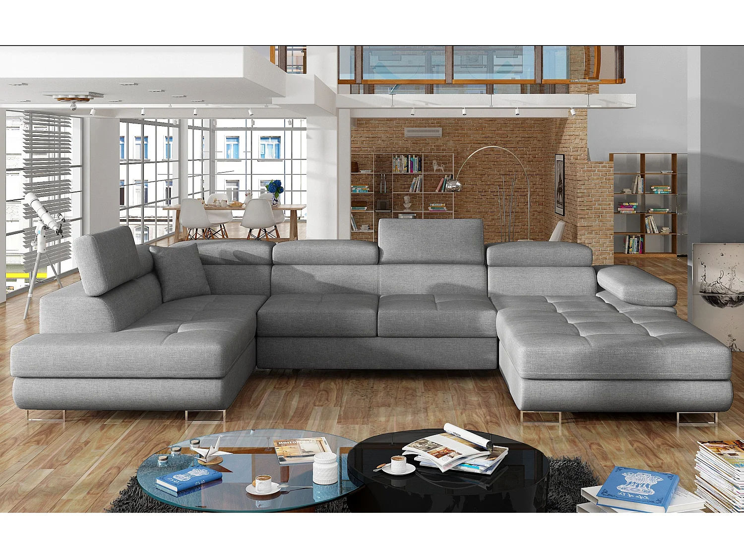 Canapé panoramique tissu gris convertible avec coffre de rangement Romano 345cm-Coffre de rangement à gauche