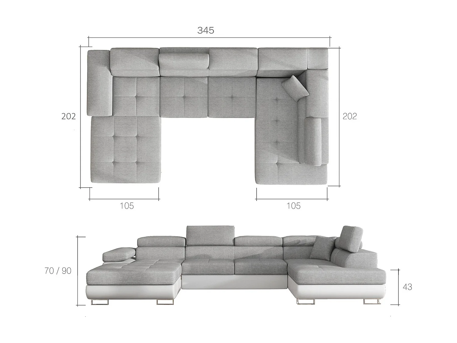 Canapé panoramique tissu gris convertible avec coffre de rangement Romano 345cm-Coffre de rangement à gauche