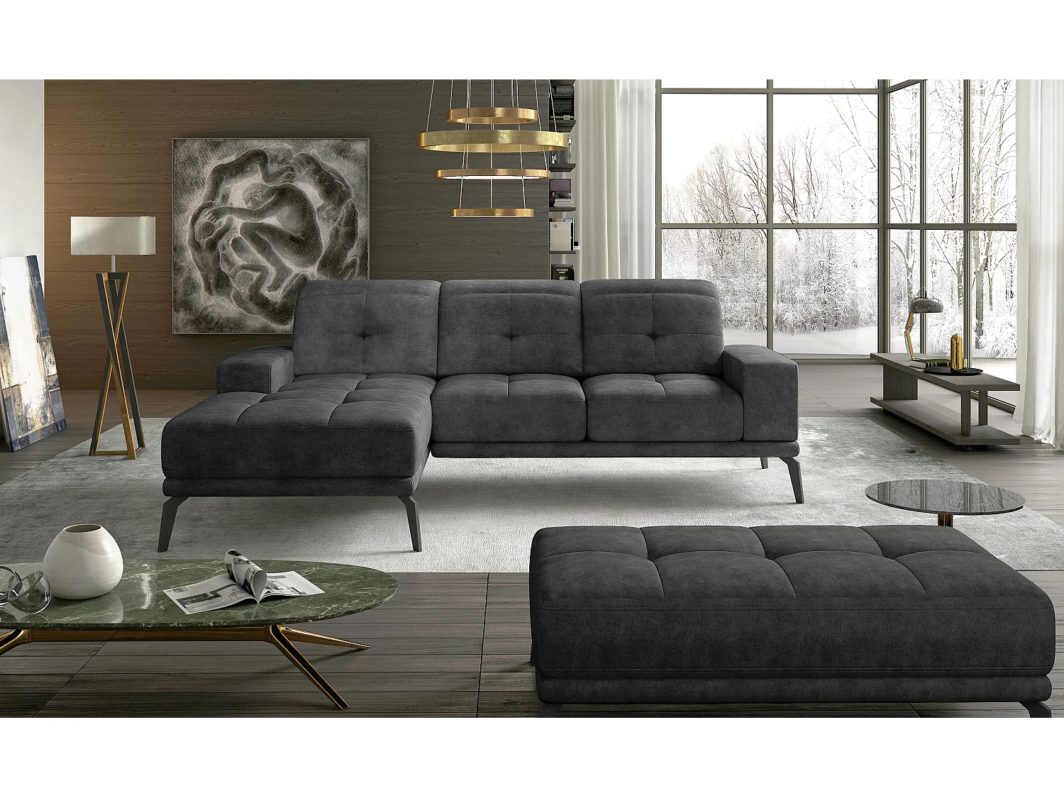 Canapé d'angle gauche 5 places tissu suédine gris foncé Torpille 265cm