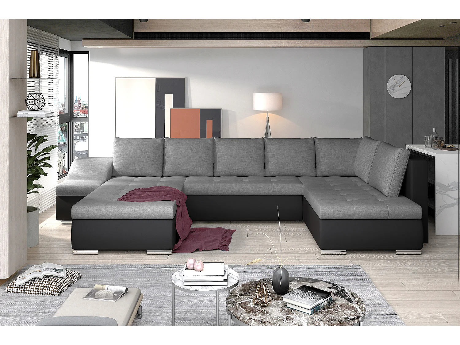 Canapé panoramique convertible tissu gris et simili cuir noir Jonaz 340cm-Méridienne A gauche