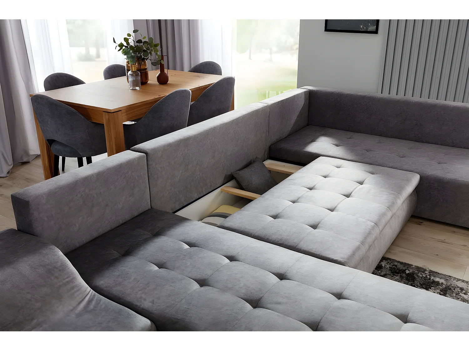 Canapé panoramique convertible tissu gris et simili cuir noir Jonaz 340cm-Méridienne A gauche
