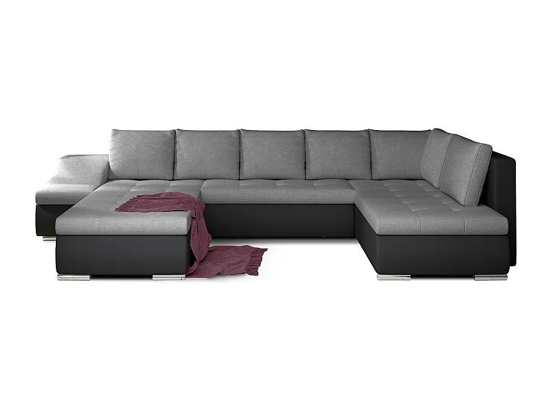 Canapé panoramique convertible tissu gris et simili cuir noir Jonaz 340cm-Méridienne A gauche