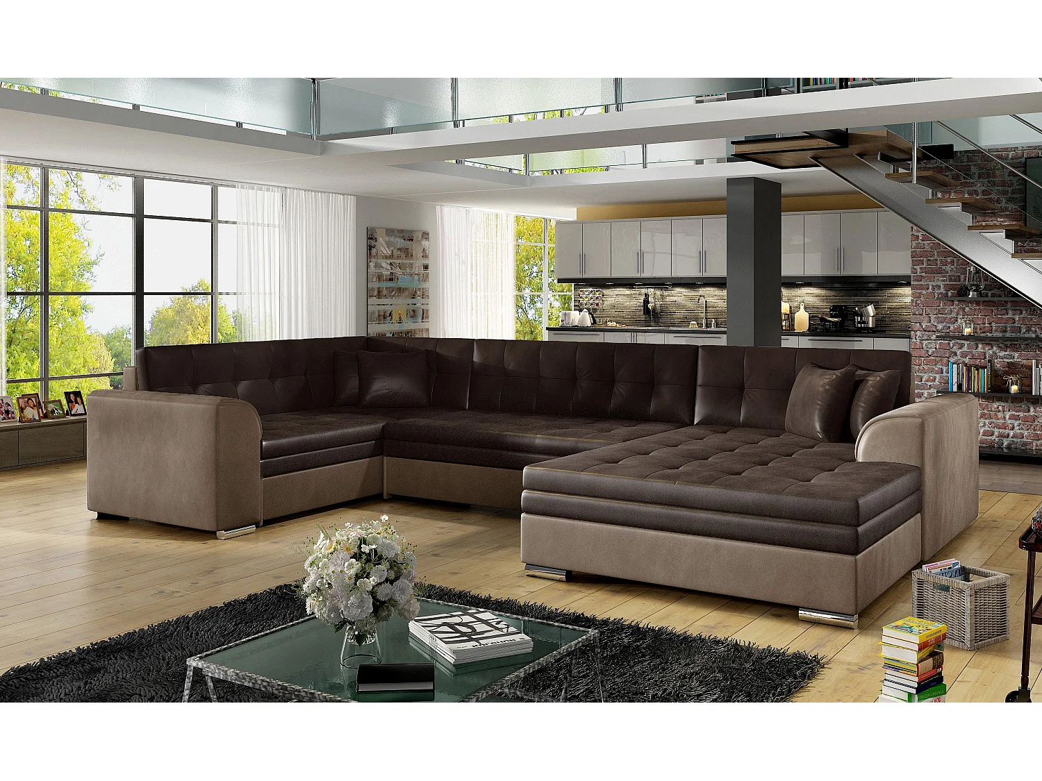 Canapé convertible panoramique velours marron clair et foncé méridienne à droite Diana 340cm