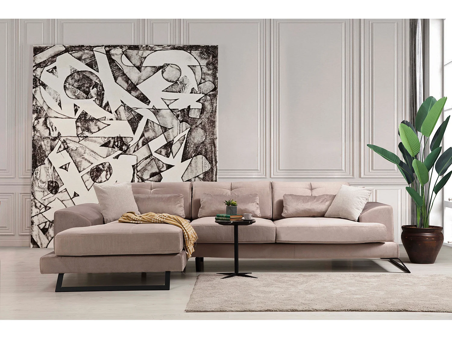 Canapé d'angle gauche velours beige avec têtières relevables et pieds metal noir Briko 308cm